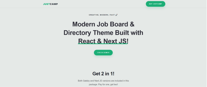 Justcamp React Gatsby Next JS Job Board Directory Template