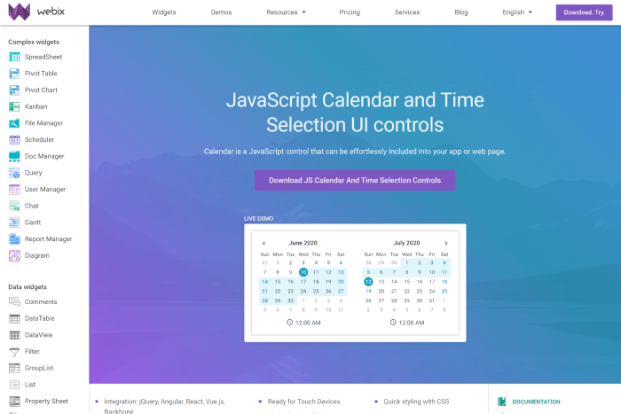 Webix JS Calendar and Time Selection UI Controls